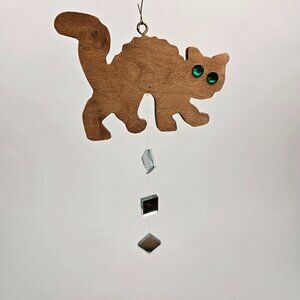 Cat Window Hanger Mirrors Ornament Halloween Green Eyes Vintage Wooden Spooky